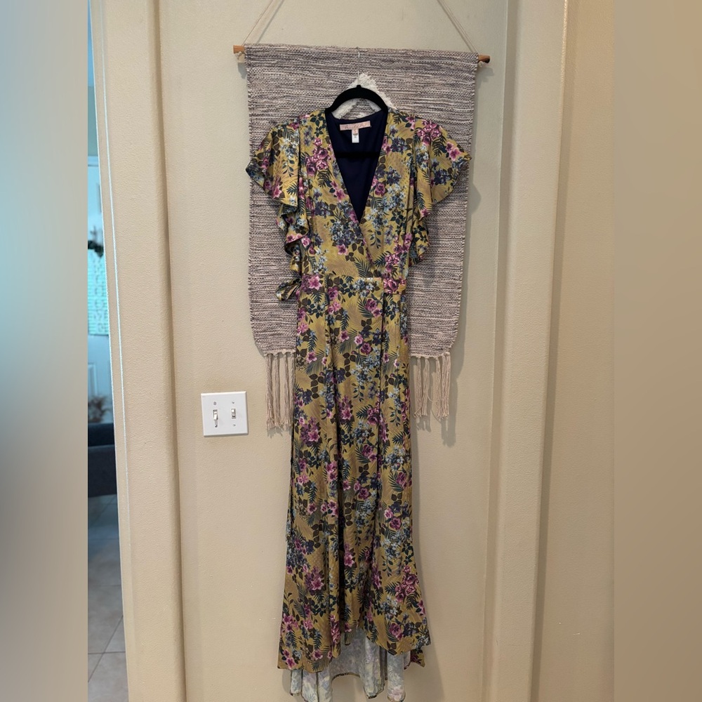 Anthropologie Yellow Pink Maxi Dress V-Neck Flutter Sleeve Hutch